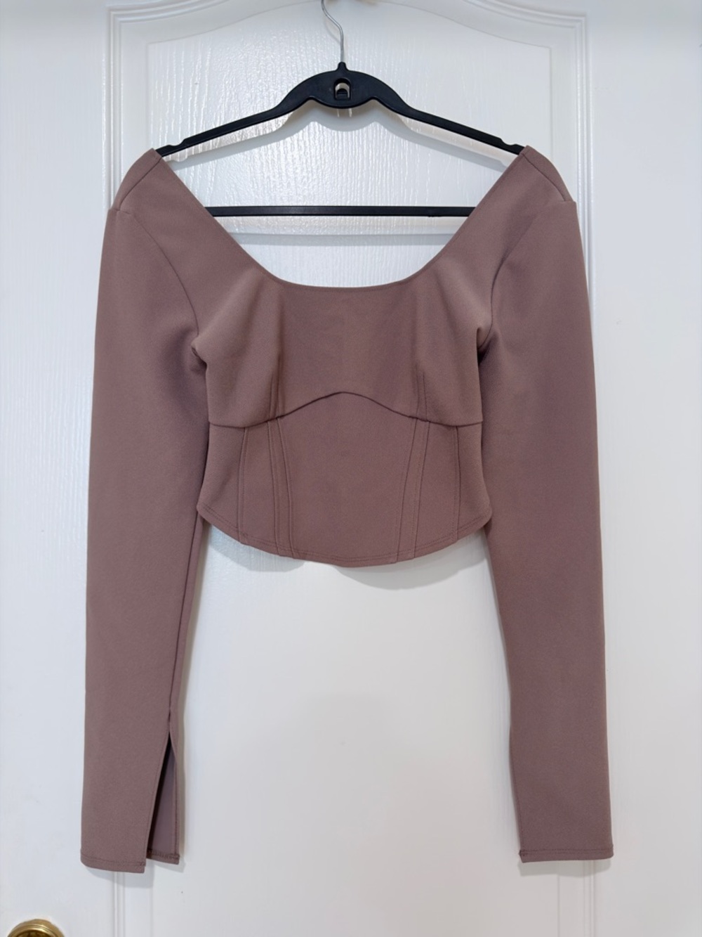 Abercrombie & Fitch Cropped Long Sleeve Top Small Brown Fitted Square Neck